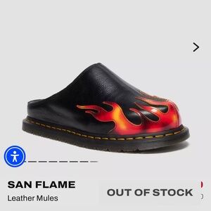 Dr. Martens Black Leather Slip-On Clog with Red and Yellow Flame Accents